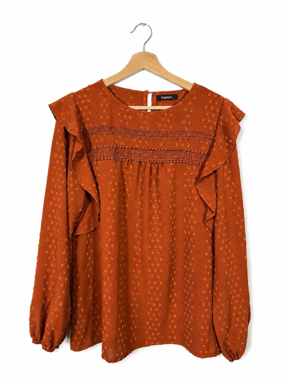 Rust Orange Ruffle Blouse Long Sleeve Boho Top Size L Cottagecore Fall Autumn